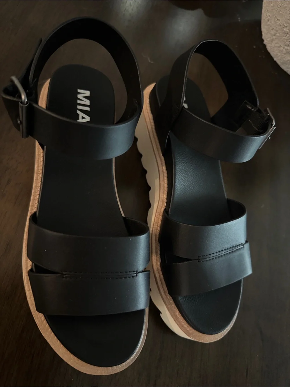 MIA Black Sandal with Tan Platform Trim